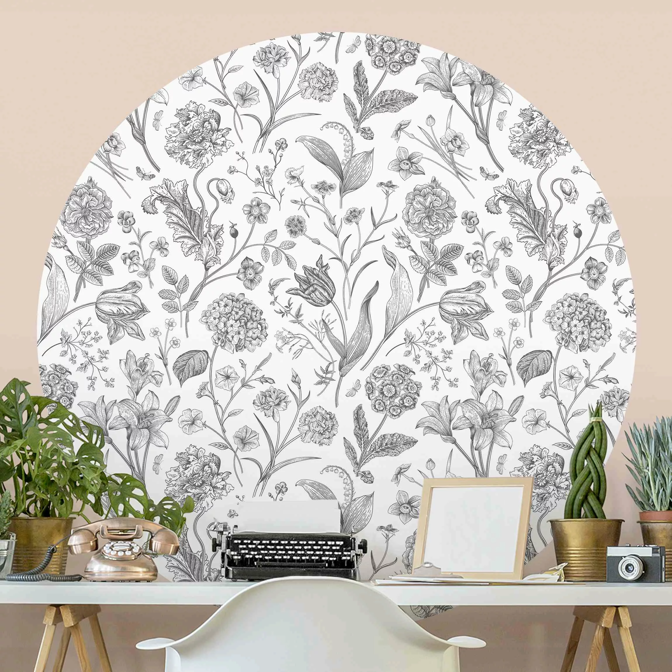 Runde Mustertapete selbstklebend Blumentanz in Grau günstig online kaufen