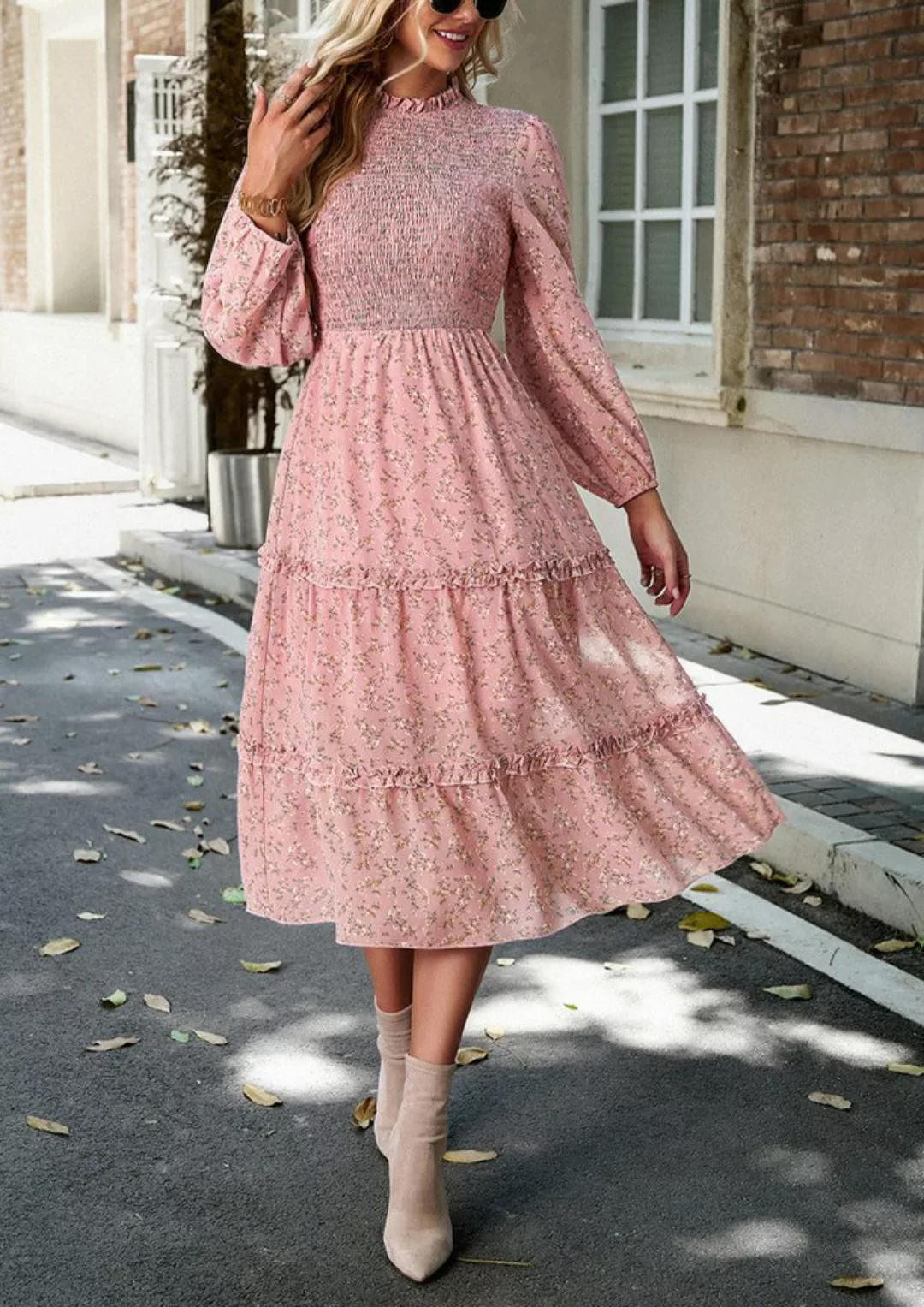 DEBAIJIA Dirndl Langärmeliges Kleid Damen Blumenmuster Rundhalsausschnitt F günstig online kaufen