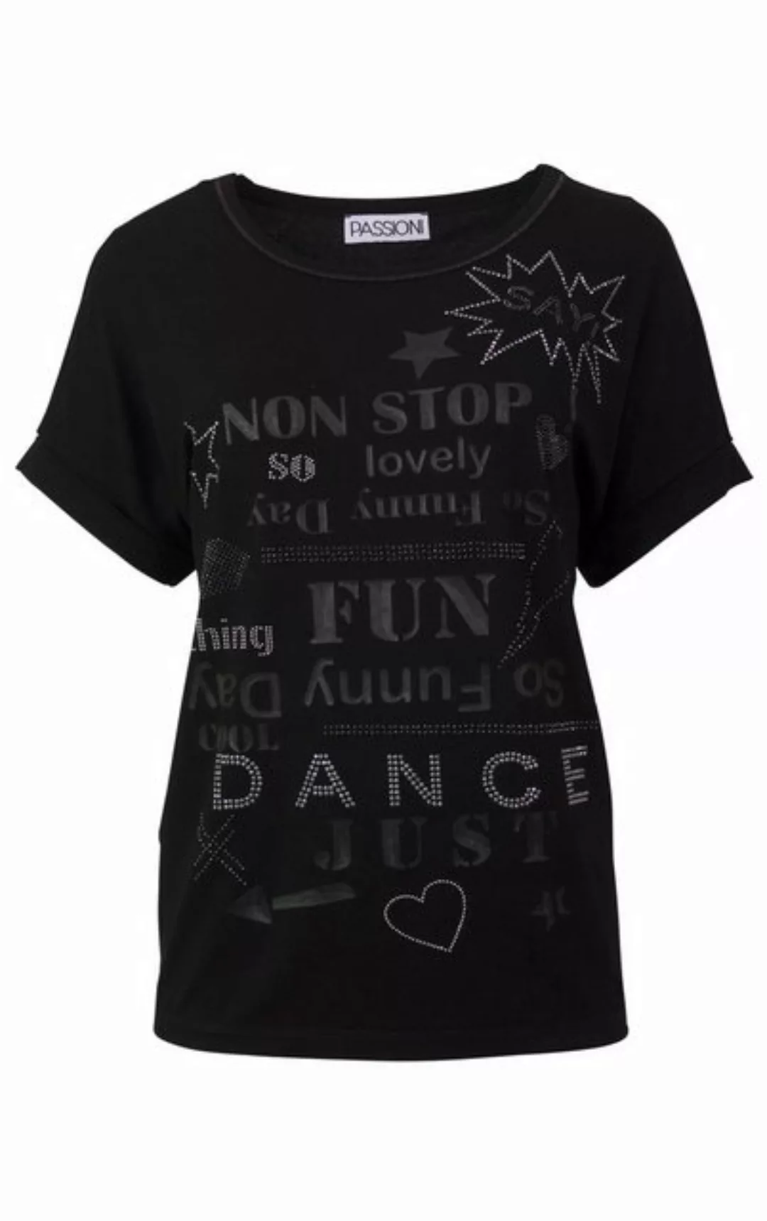 Passioni T-Shirt in Schwarz, mit Schriftzügen und Glitzersteinen geschmückt günstig online kaufen