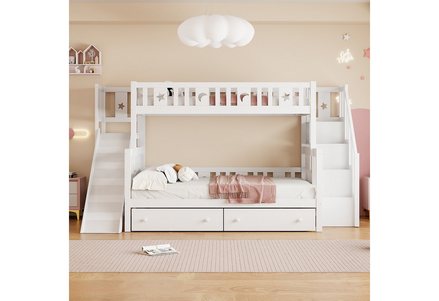 IDEASY Etagenbett Jugendbett, Kinderbett, weiß, 90*200/140*200 cm, mit Zaun günstig online kaufen