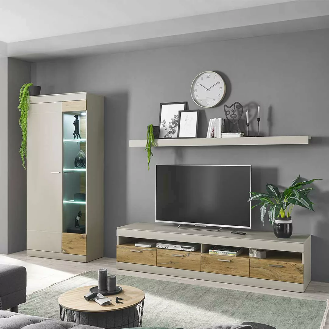 Schrankwand Wohnzimmer in Hellgrau Zinneichefarben (dreiteilig) günstig online kaufen