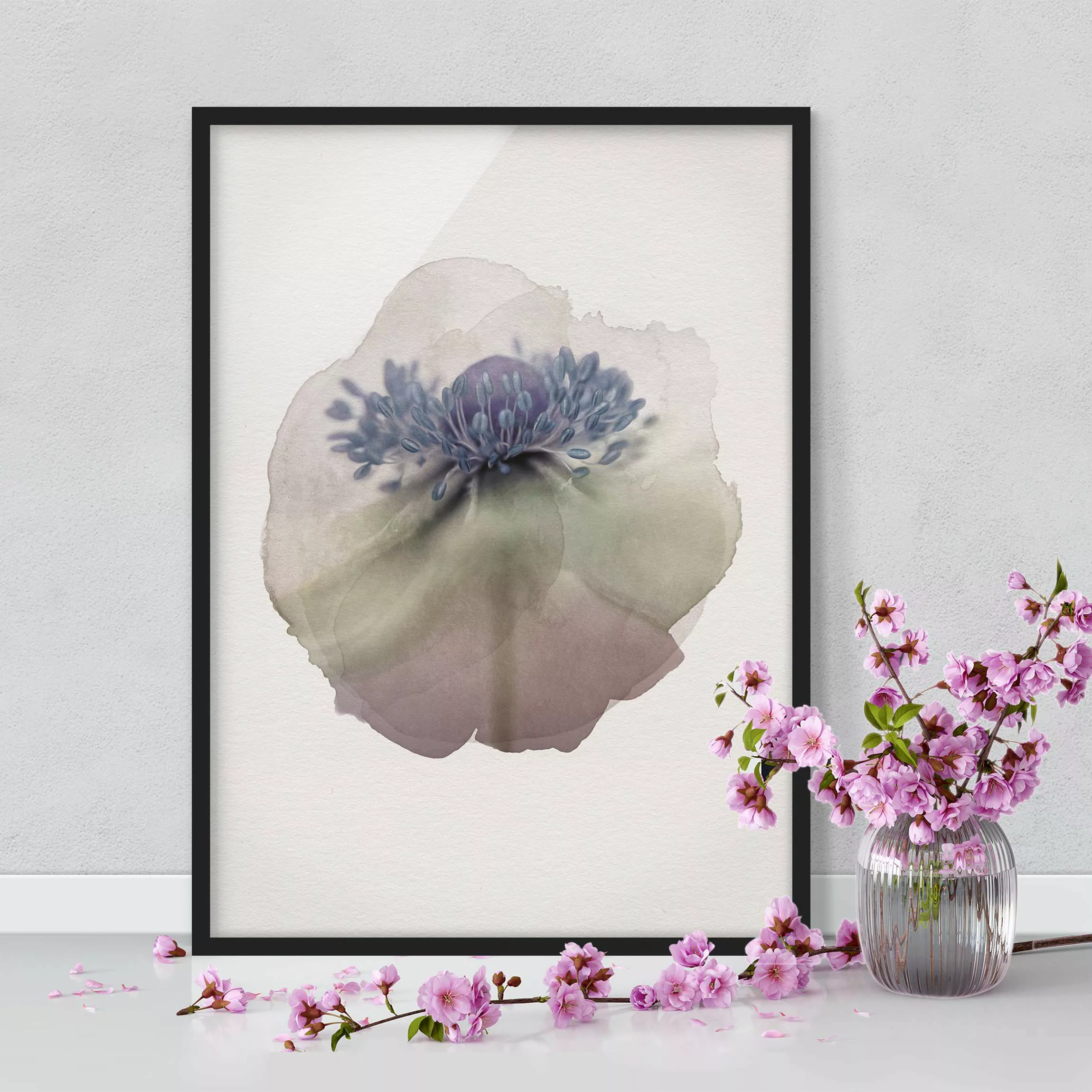 Bild mit Rahmen - Hochformat Wasserfarben - Anemone in Violett günstig online kaufen