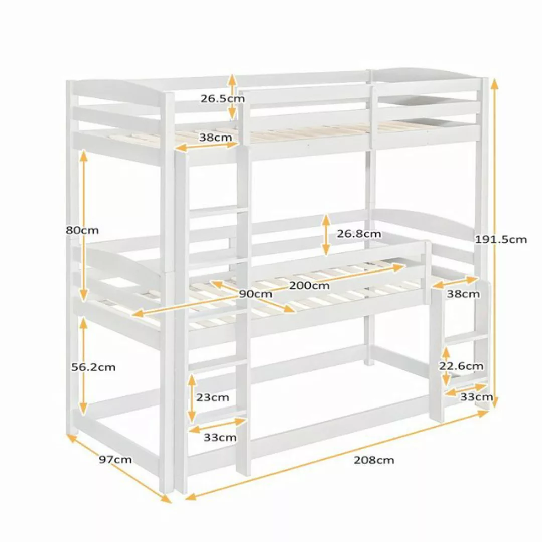 Odikalo Kinderbett Single-Size-Holz-Dreier-Etagenbett, Weiß/Grau, 90*200cm günstig online kaufen