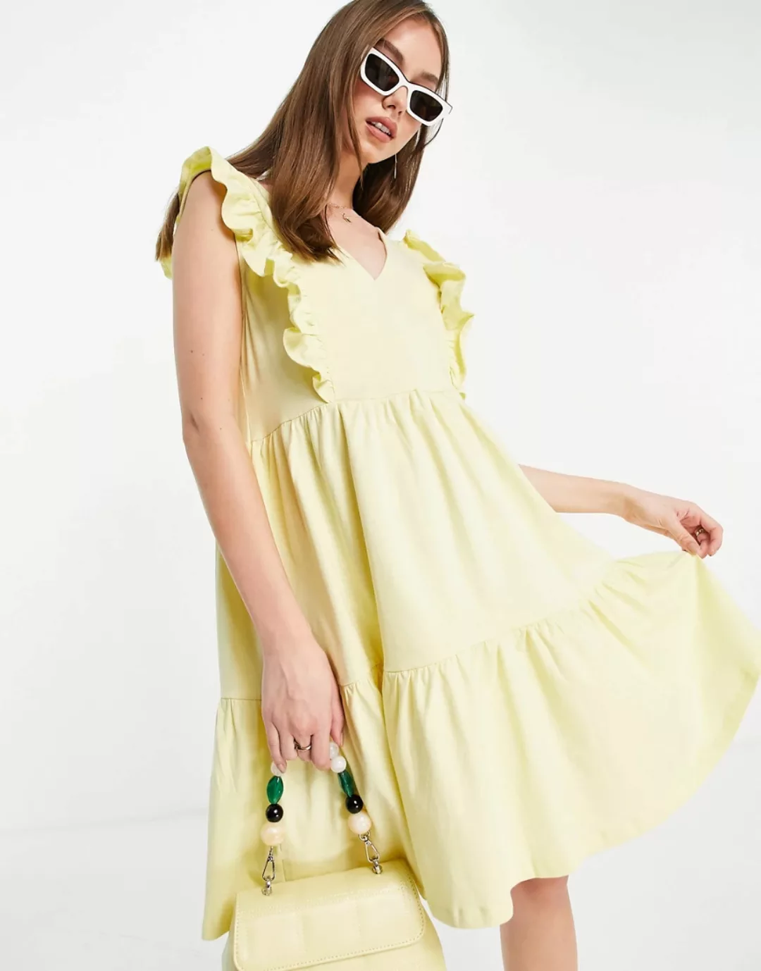 Mango – Sommerkleid mit Rüschen aus Bio-Baumwolle in Gelb günstig online kaufen