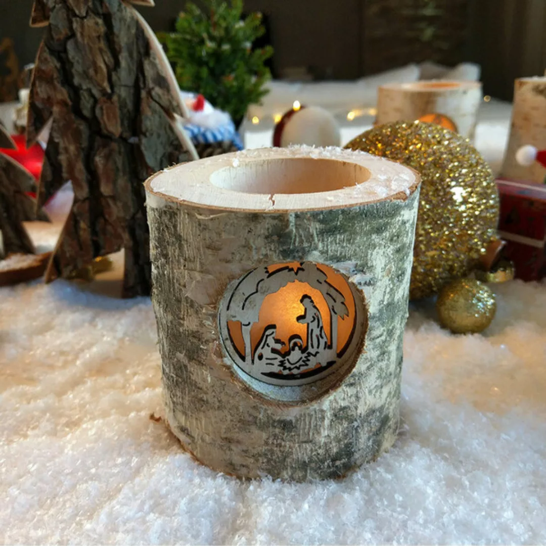 Teelichthalter Aus Holz Mit Rinde Krippe, Weihnachtsdeko günstig online kaufen