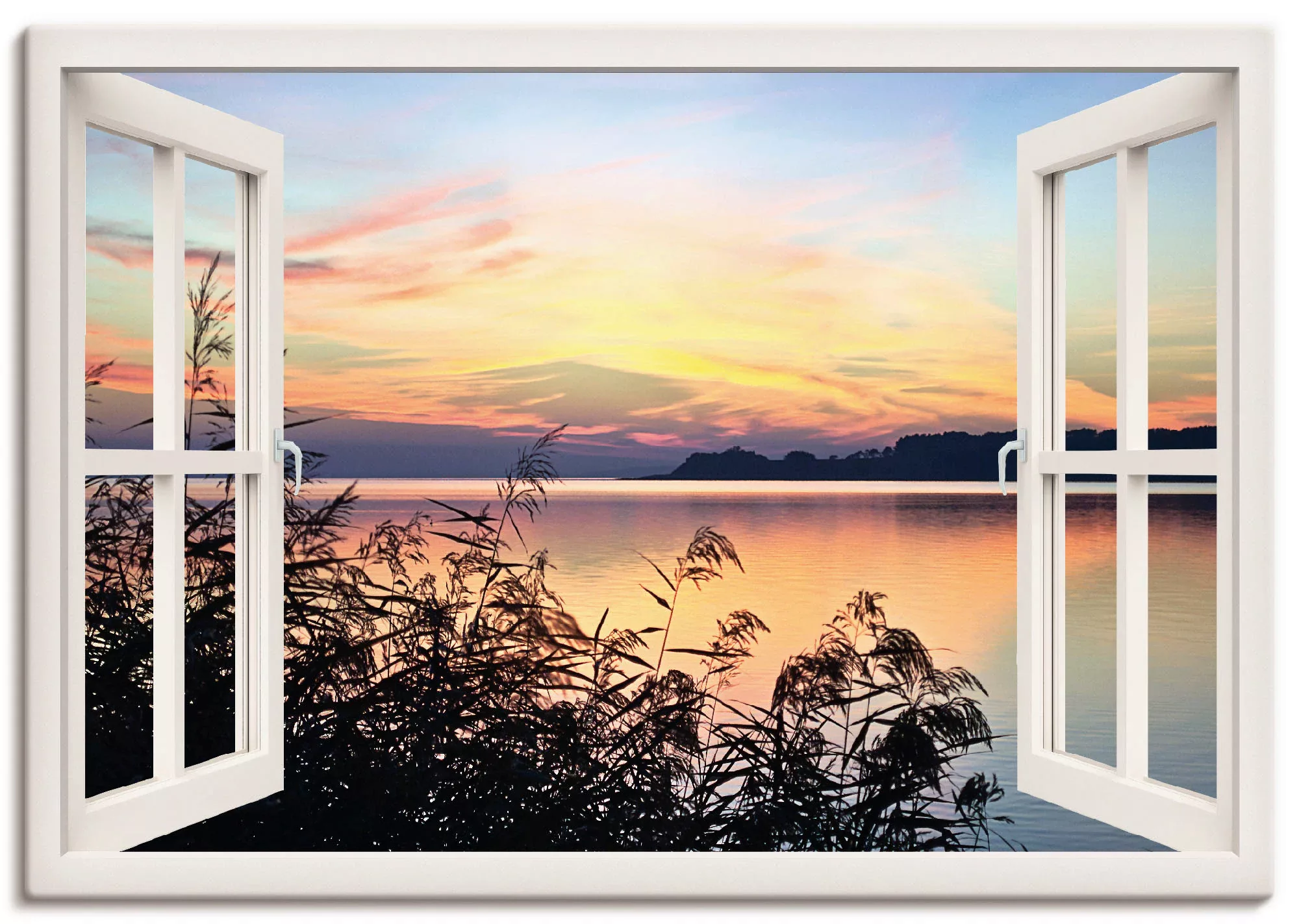 Artland Leinwandbild "Fensterblick - Abendrot im Schilf, weiß", Fensterblic günstig online kaufen