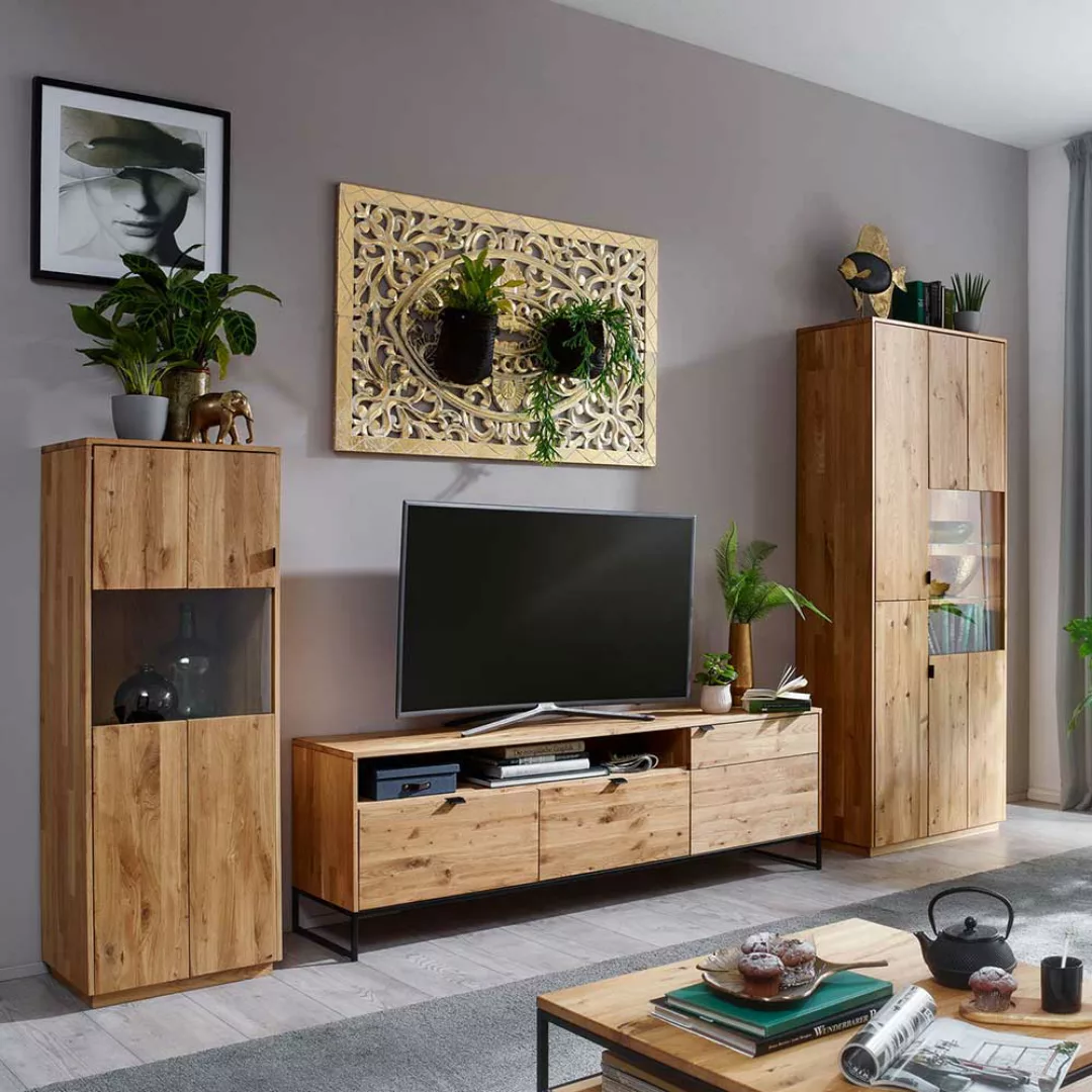Fernseher Schrankwand aus Wildeiche Massivholz Metall (dreiteilig) günstig online kaufen
