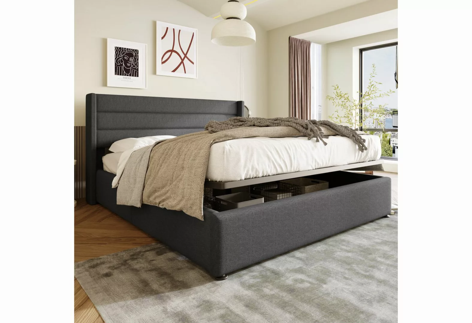 MODFU Polsterbett Stauraumbett Doppelbett, Bett mit Lattenrost aus Metallra günstig online kaufen