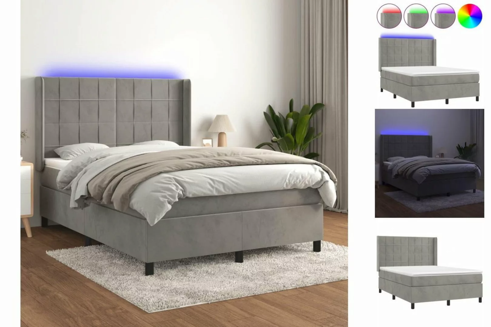 vidaXL Bettgestell Boxspringbett mit Matratze LED Hellgrau 140x190 cm Samt günstig online kaufen