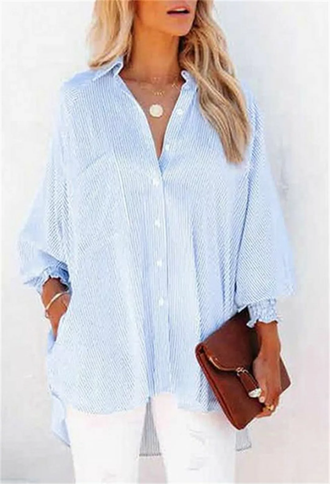 LOVGCCN Langarmhemd Damenbluse Gestreift Revers Lose Drop shoulder sleeve m günstig online kaufen