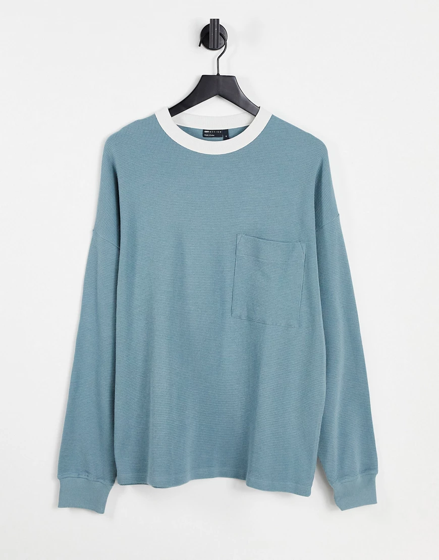 ASOS DESIGN – Langärmliges Oversize-Shirt in Blau mit Waffelstruktur und Ha günstig online kaufen