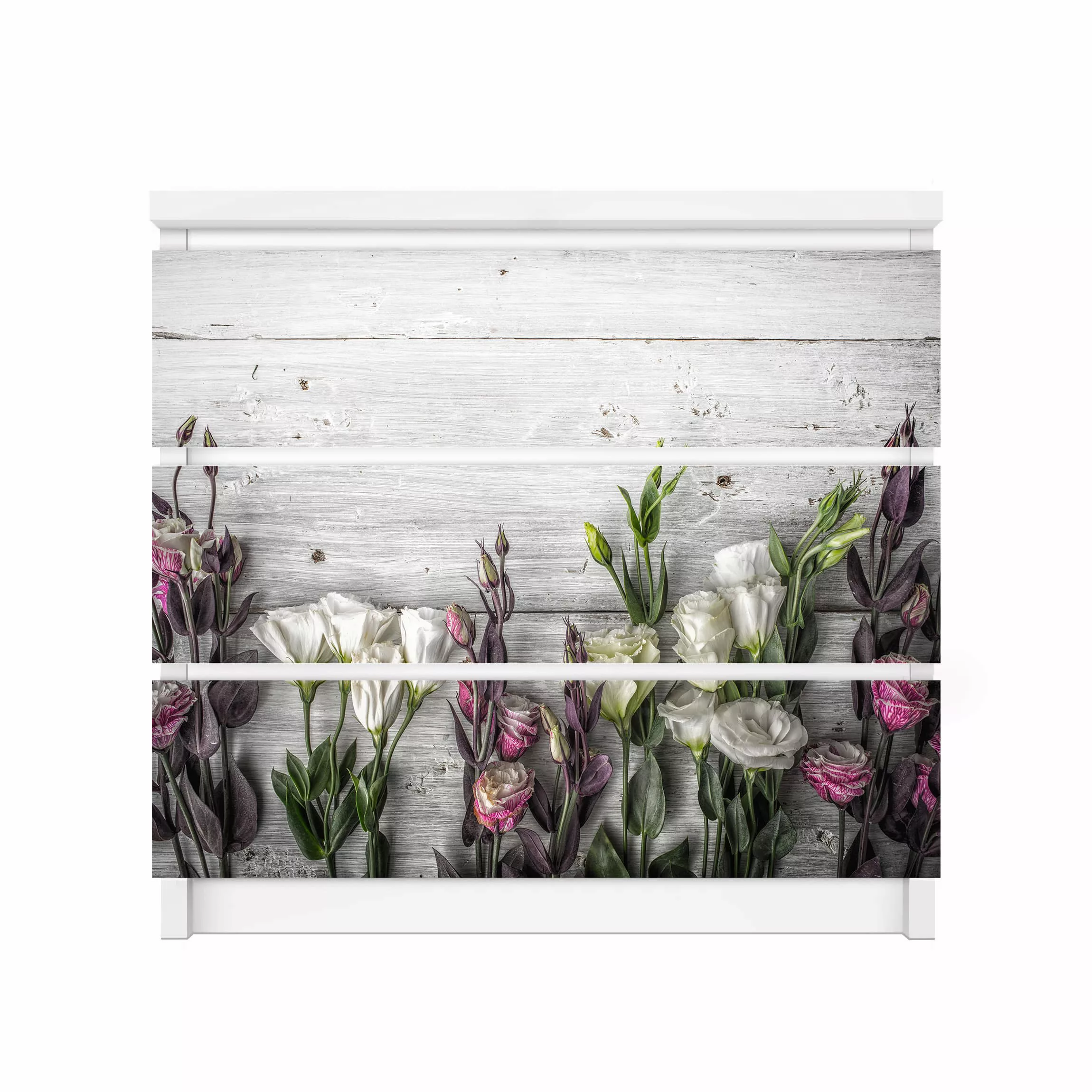 Möbelfolie für IKEA Malm Kommode 3 Schubladen Tulpen-Rose Shabby Holzoptik günstig online kaufen