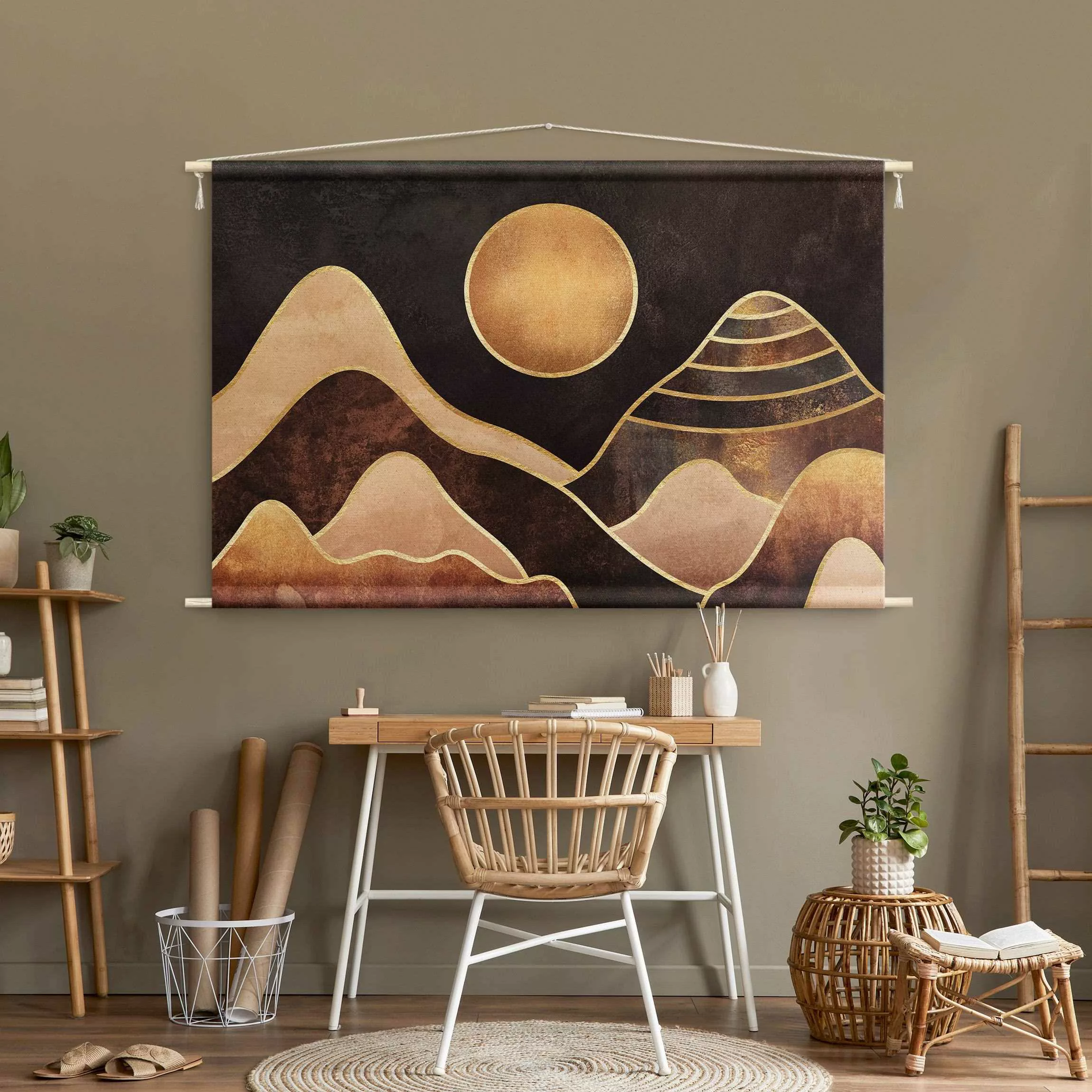 Wandteppich Goldene Sonne abstrakte Berge günstig online kaufen