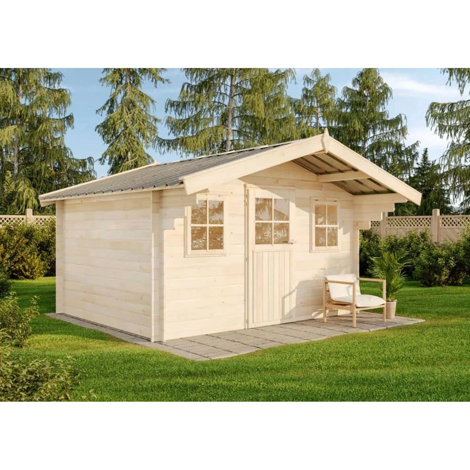Alpholz Gartenhaus/Gerätehaus Manitoba Satteldach 405 cm x 391 cm Hellbraun günstig online kaufen