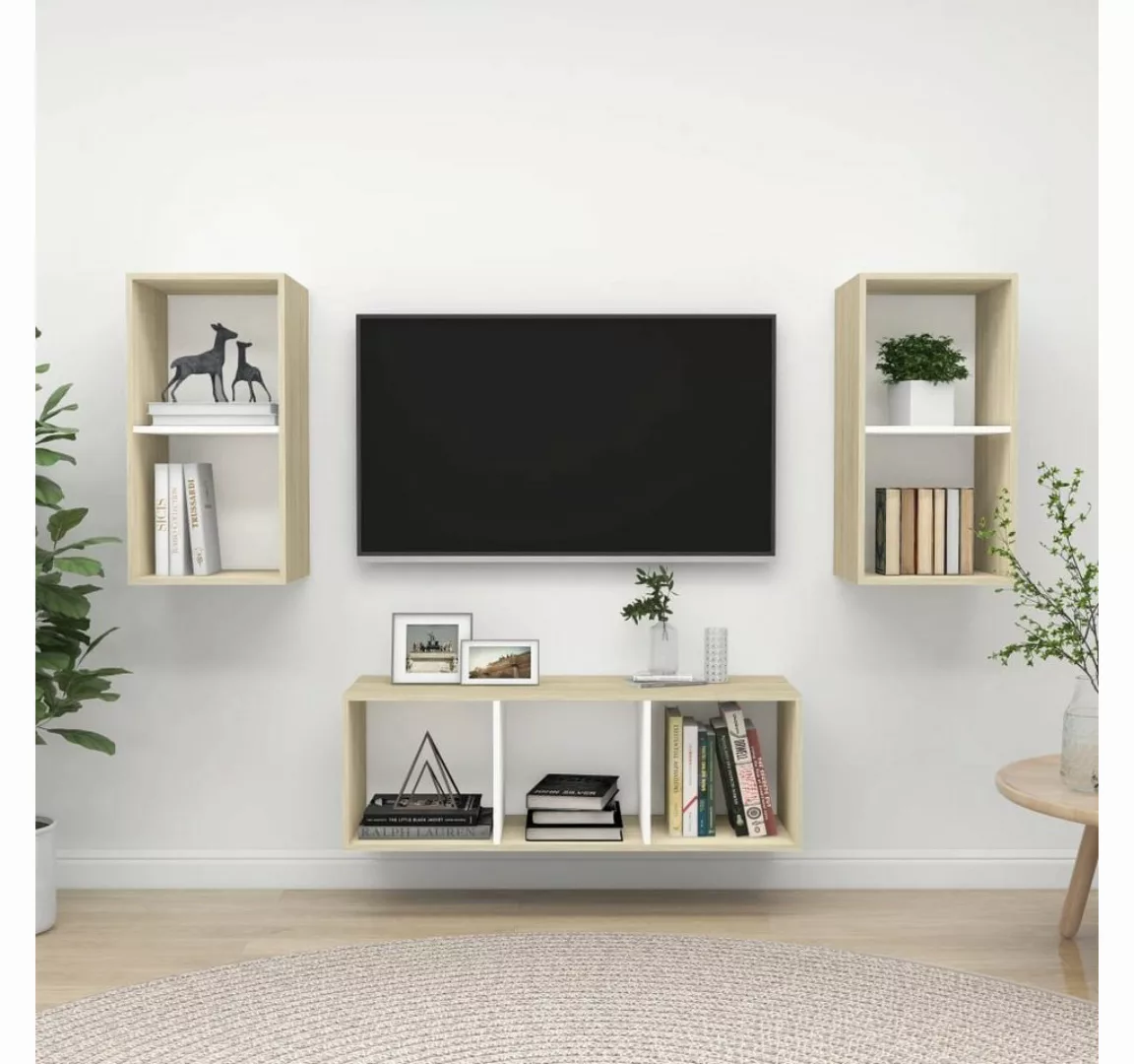 vidaXL Kleiderschrank 3-tlg TV-Schrank-Set Weiß Sonoma-Eiche Spanplatte günstig online kaufen