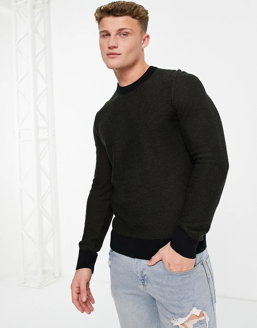 BOSS – Kamarsos – Pullover in Schwarz mit kontrastierendem Rundhalsausschni günstig online kaufen