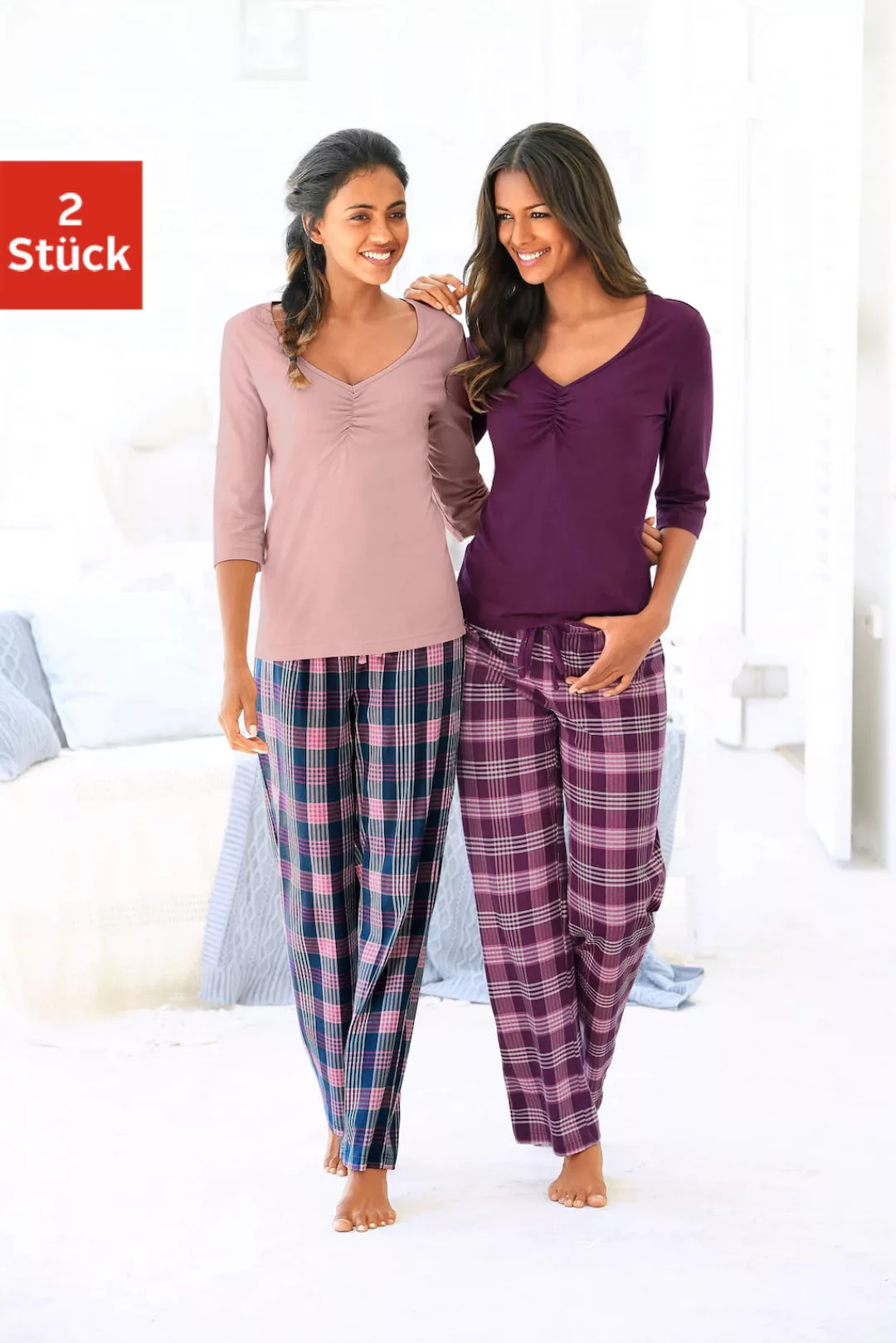 Vivance Dreams Pyjama, (4 tlg., 2 Stück), mit karierter Hose günstig online kaufen