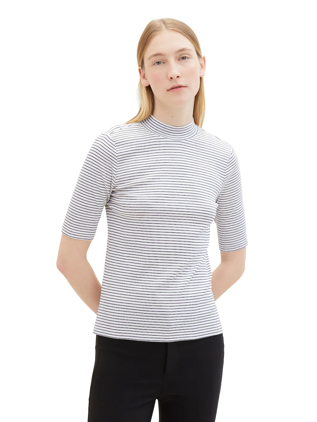 TOM TAILOR T-Shirt, in Streifen-Optik und mit Stehkragen günstig online kaufen
