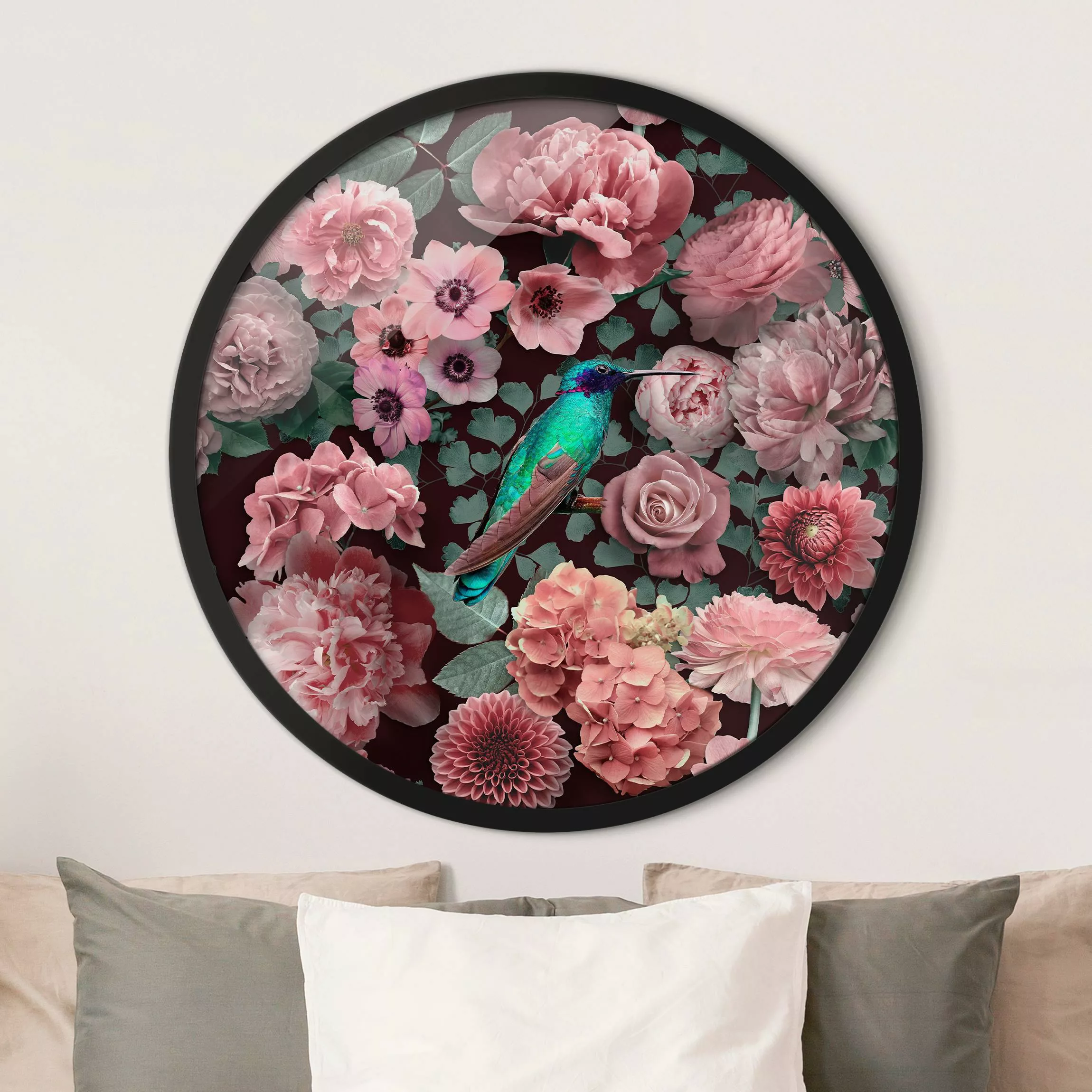 Rundes Gerahmtes Bild Blumenparadies Kolibri mit Rosen günstig online kaufen