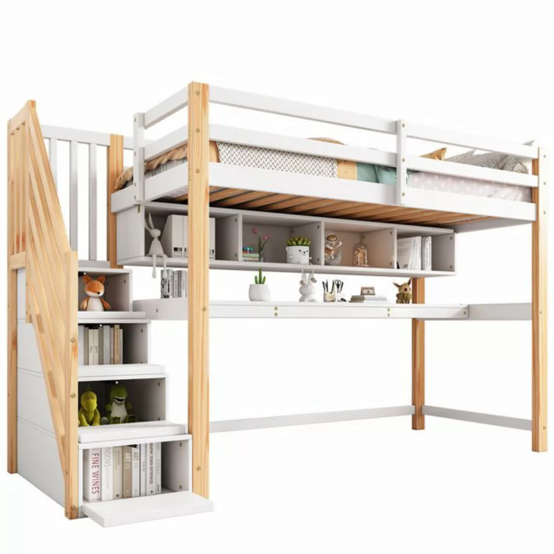 Odikalo Kinderbett Hochbett Stauraum Treppe Kiefernholz Schreibtisch Regale günstig online kaufen