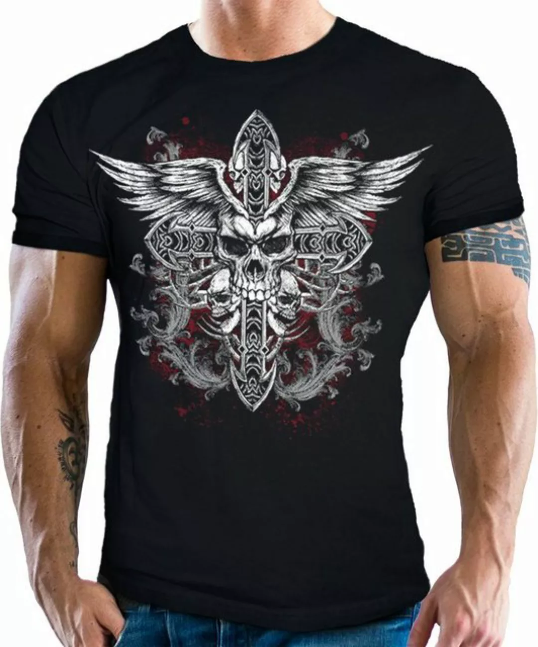LOBO NEGRO® T-Shirt für Occult Gothic Dark Fans: Winged Cross günstig online kaufen