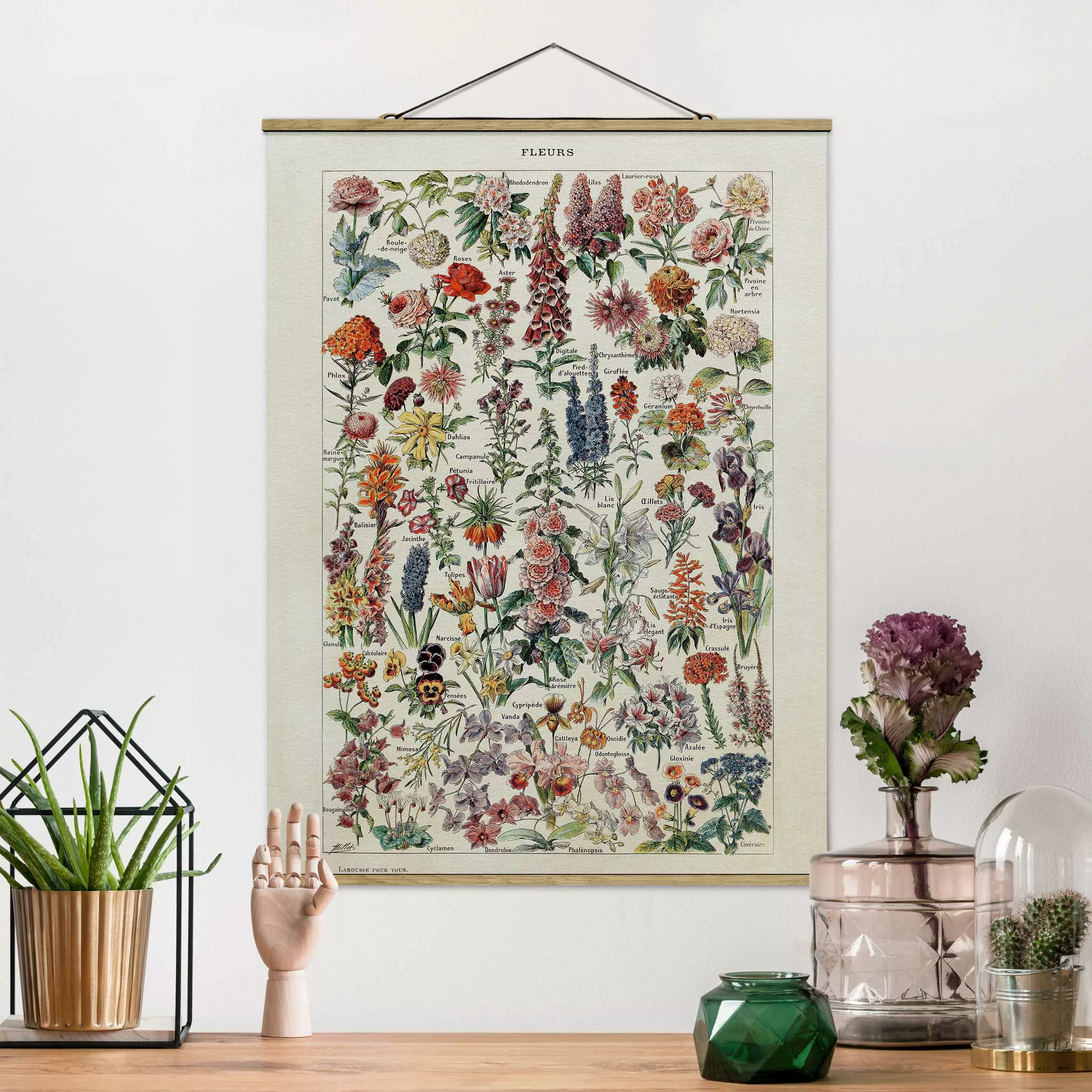 Stoffbild Blumen mit Posterleisten - Hochformat Vintage Lehrtafel Blumen V günstig online kaufen