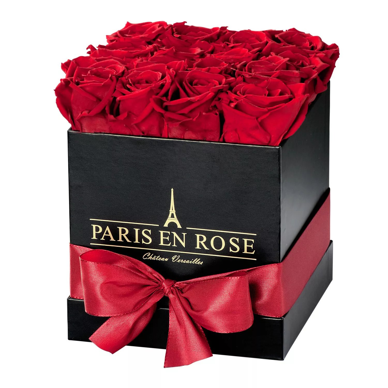 Rosenbox eckig Schwarz mit Schleife und 12 Bordeaux Rosen günstig online kaufen
