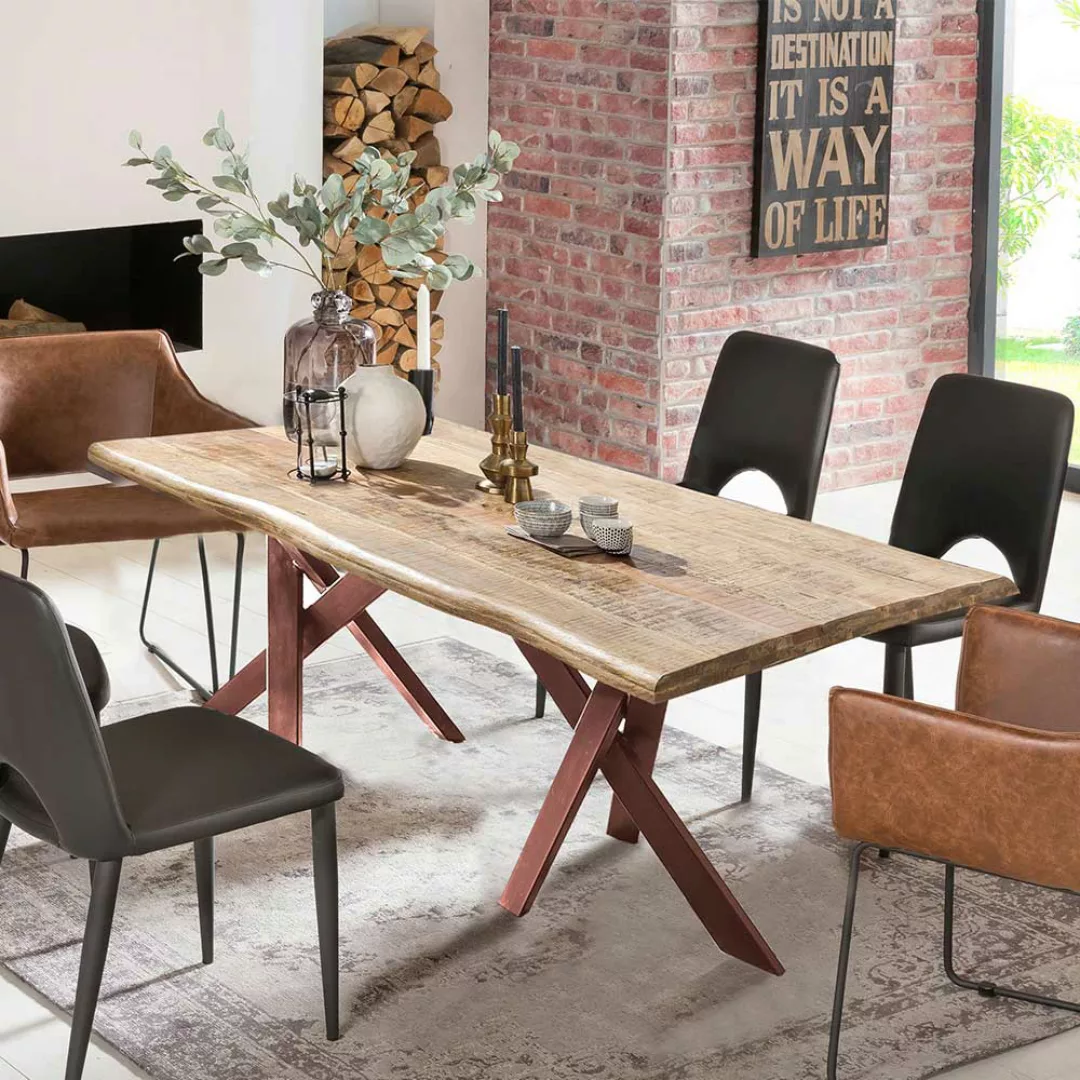 Baumkante Esstisch mit Metall Sechsfußgestell Braun günstig online kaufen