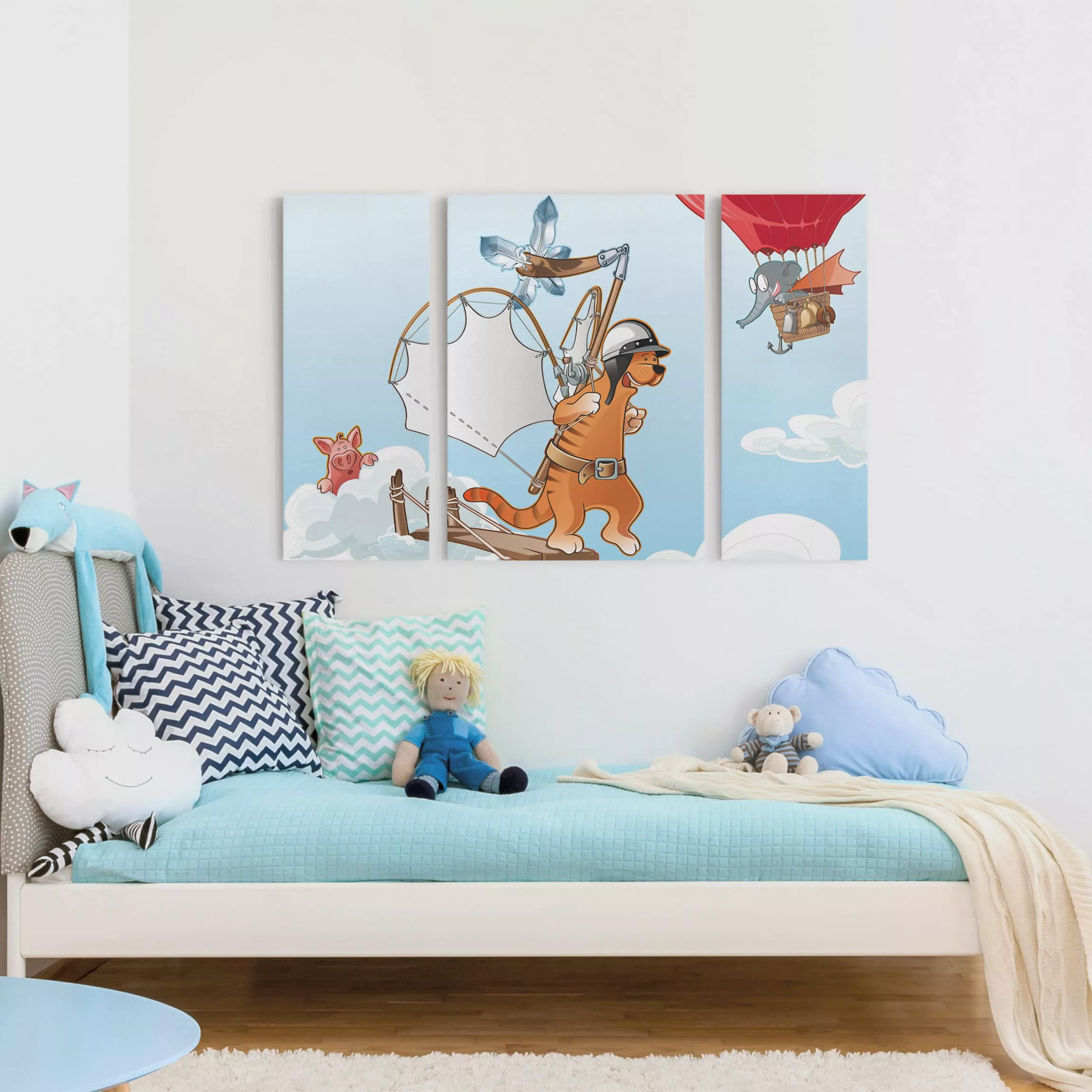 3-teiliges Leinwandbild Kinderzimmer - Querformat Fliegender Bauernhof Katz günstig online kaufen
