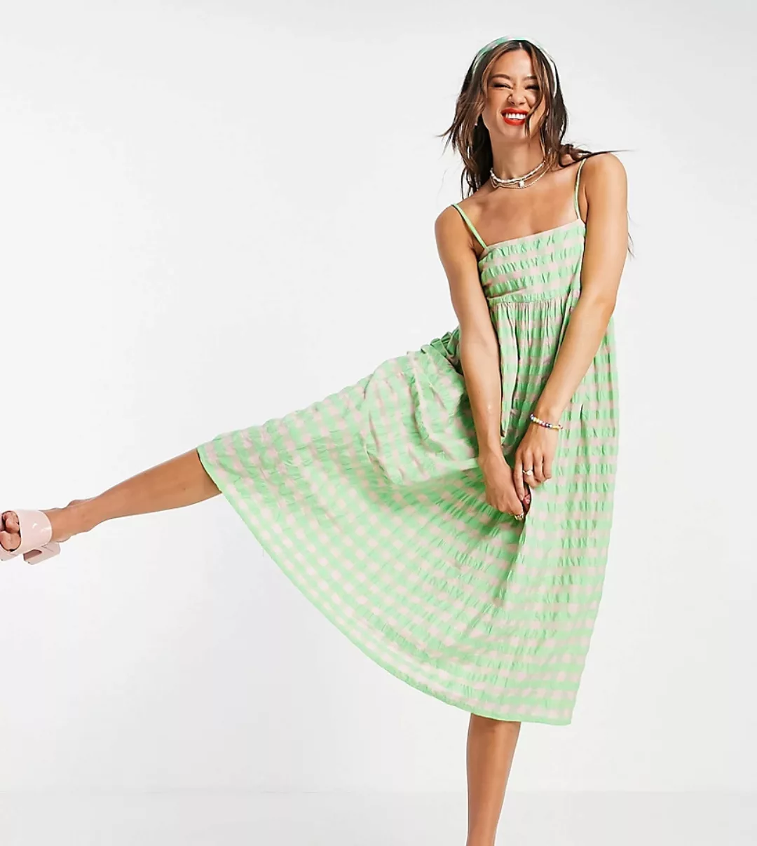 COLLUSION – Midi-Sommerkleid aus Seersucker mit Vichy-Karos und Trapezschni günstig online kaufen