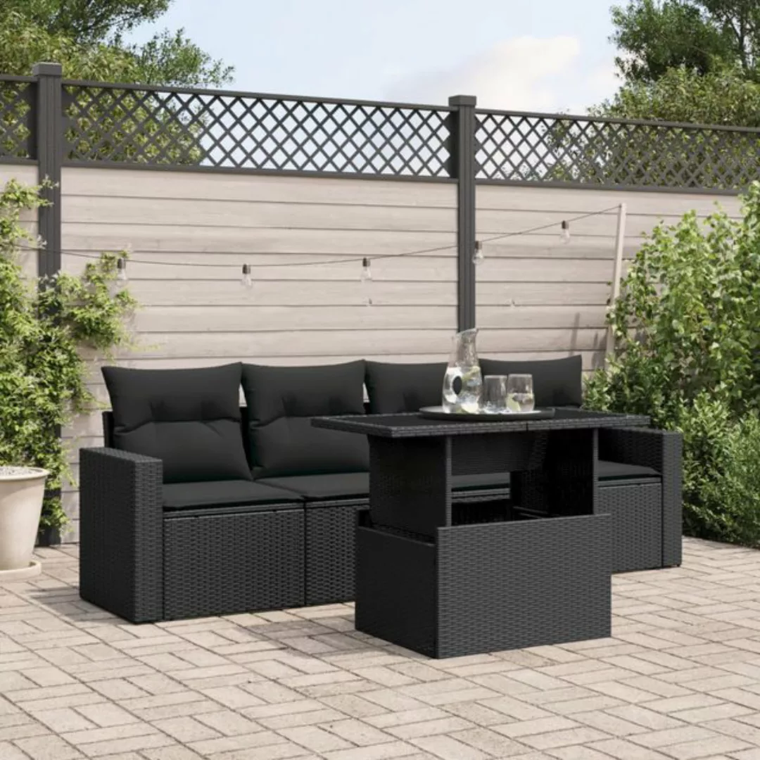 vidaXL Loungesofa 5-tlg. Garten-Sofagarnitur mit Kissen Schwarz Poly Rattan günstig online kaufen