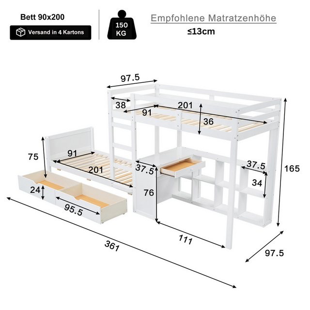 SeedWave Etagenbett mit Regal, Schublade und Schreibtisch 90x200cm, Holz-Ki günstig online kaufen