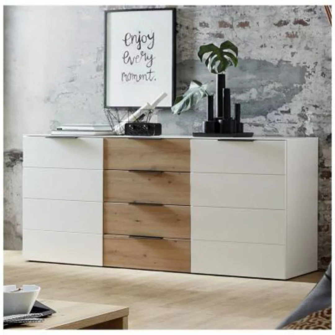 Lomadox Wohnzimmer Sideboard MADEIRA-36 in weiß supermatt mit Eiche Artisan günstig online kaufen