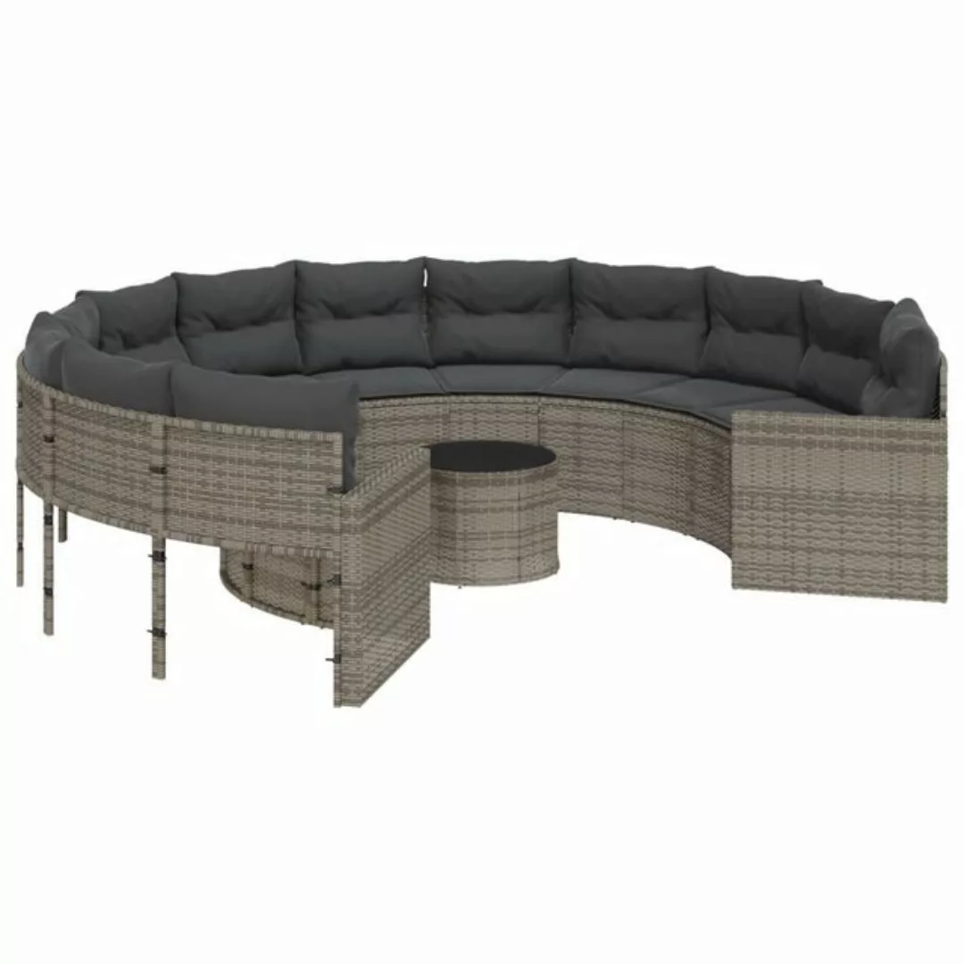 vidaXL Loungesofa Gartensofa mit Tisch und Kissen Rund Grau Poly Rattan, 1 günstig online kaufen