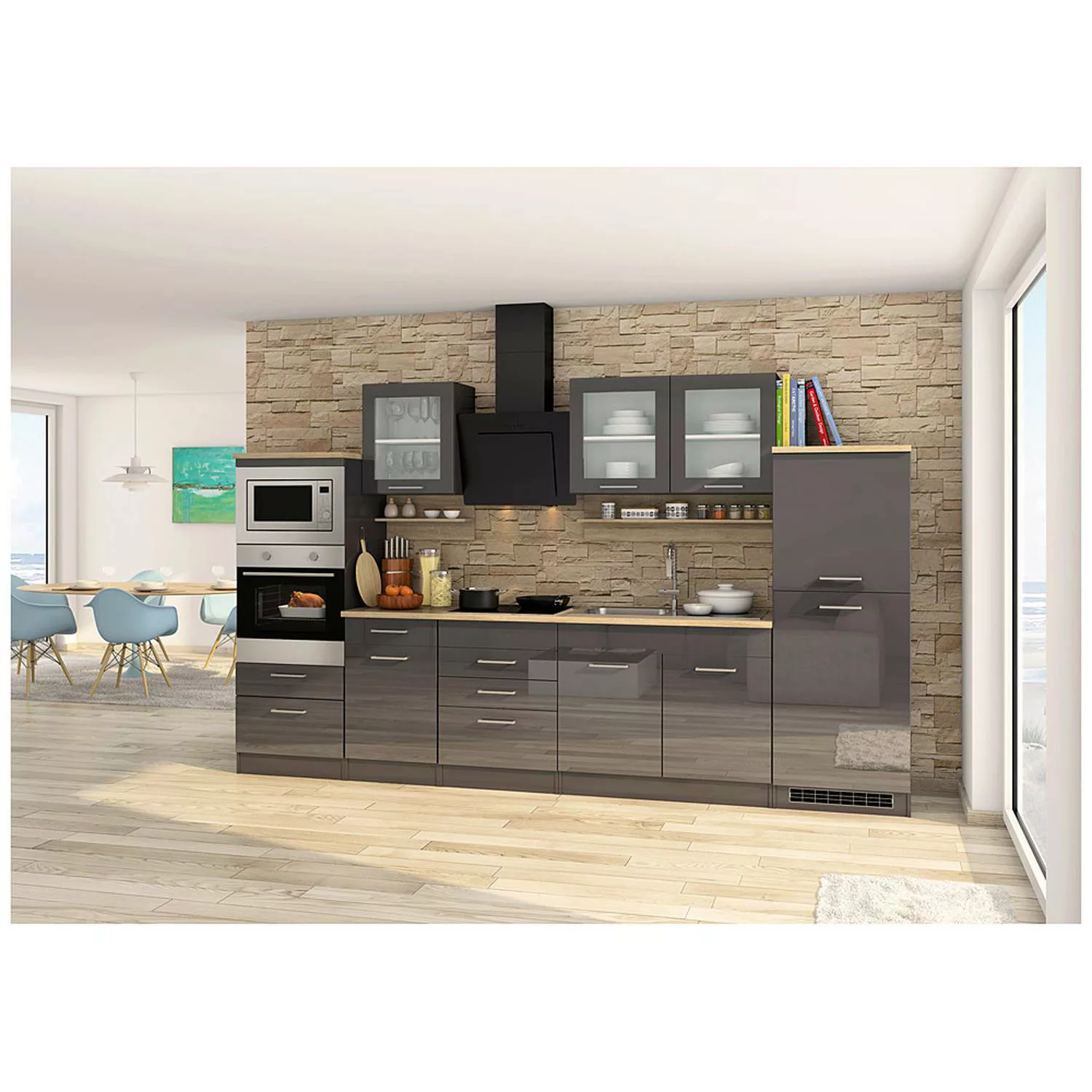 Küchenzeile 330 cm grau MARANELLO-03 inkl. E-Geräte, Anthrazit Hochglanz, D günstig online kaufen