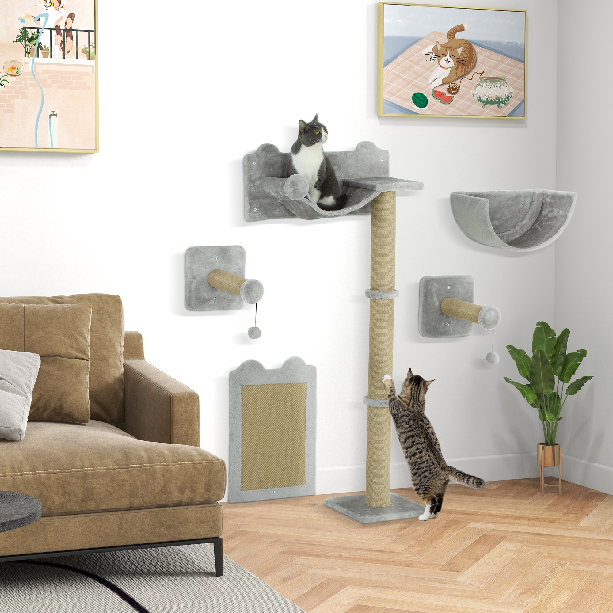 PawHut Katzen Kletterwand 5 tlg. Klettern Katzenkratzbaum mit Kratzpfosten, günstig online kaufen