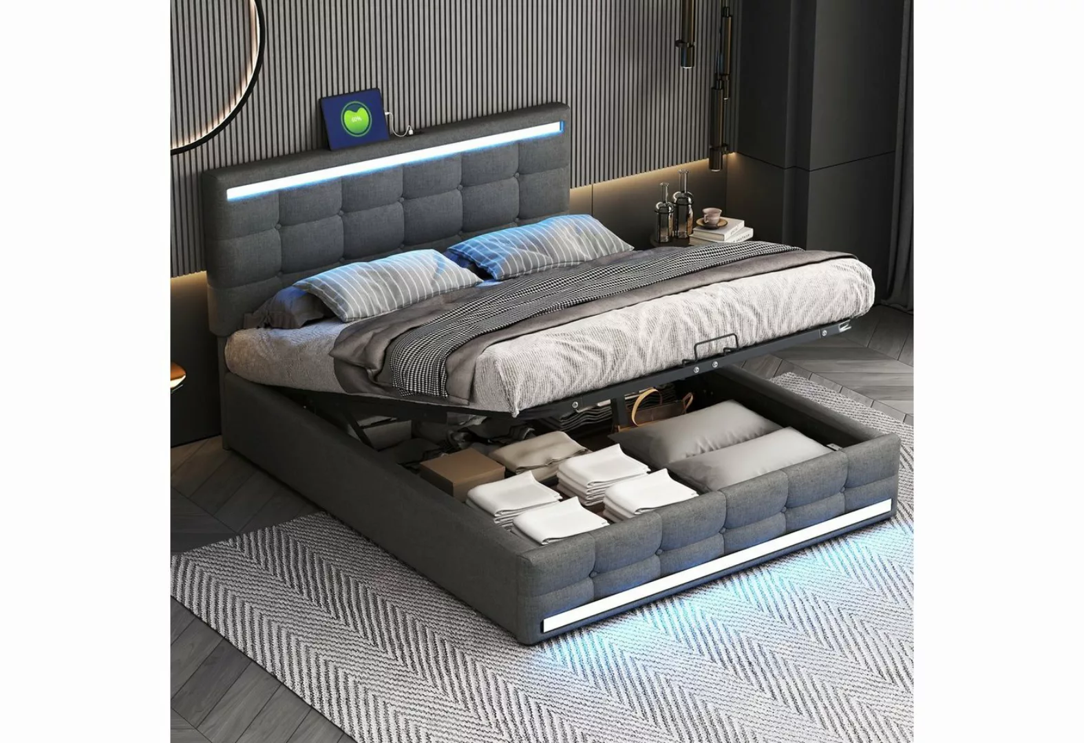 Merax Polsterbett 140x200 cm mit LED und Leinenbezug, Doppelbett mit Metall günstig online kaufen