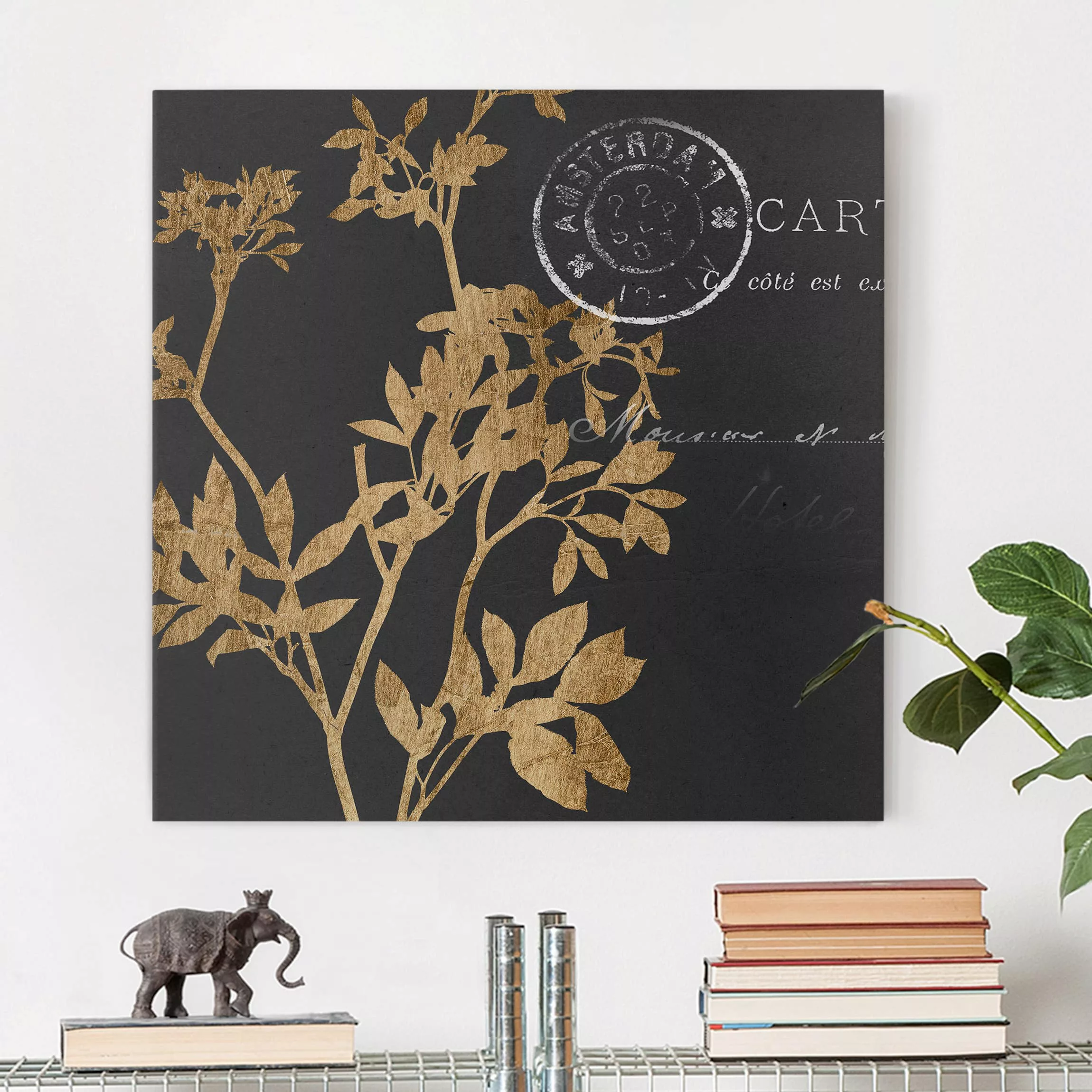 Leinwandbild Spruch - Quadrat Goldene Blätter auf Mokka I günstig online kaufen
