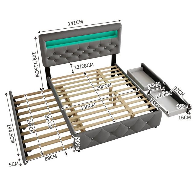 Odikalo Polsterbett Doppelbett Podestbett Ausziehbar LED Schubladen Beige/G günstig online kaufen