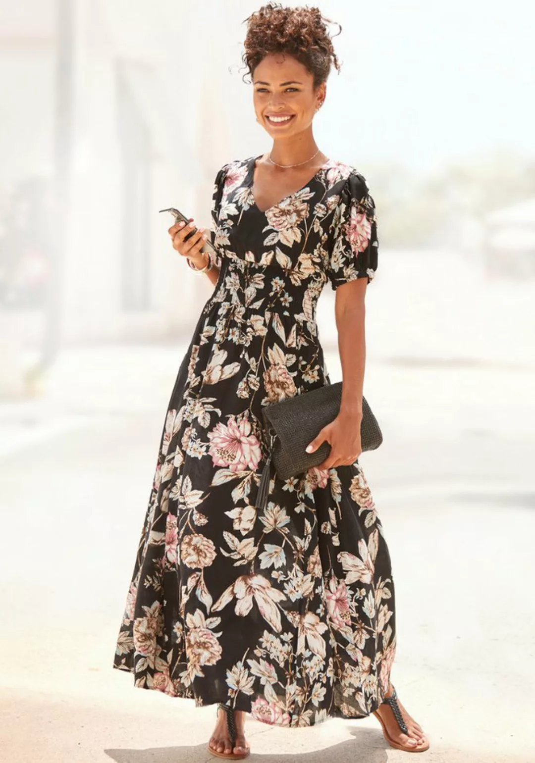 LASCANA Maxikleid mit Blumendruck und leichten Puffärmeln, Sommerkleid, cas günstig online kaufen