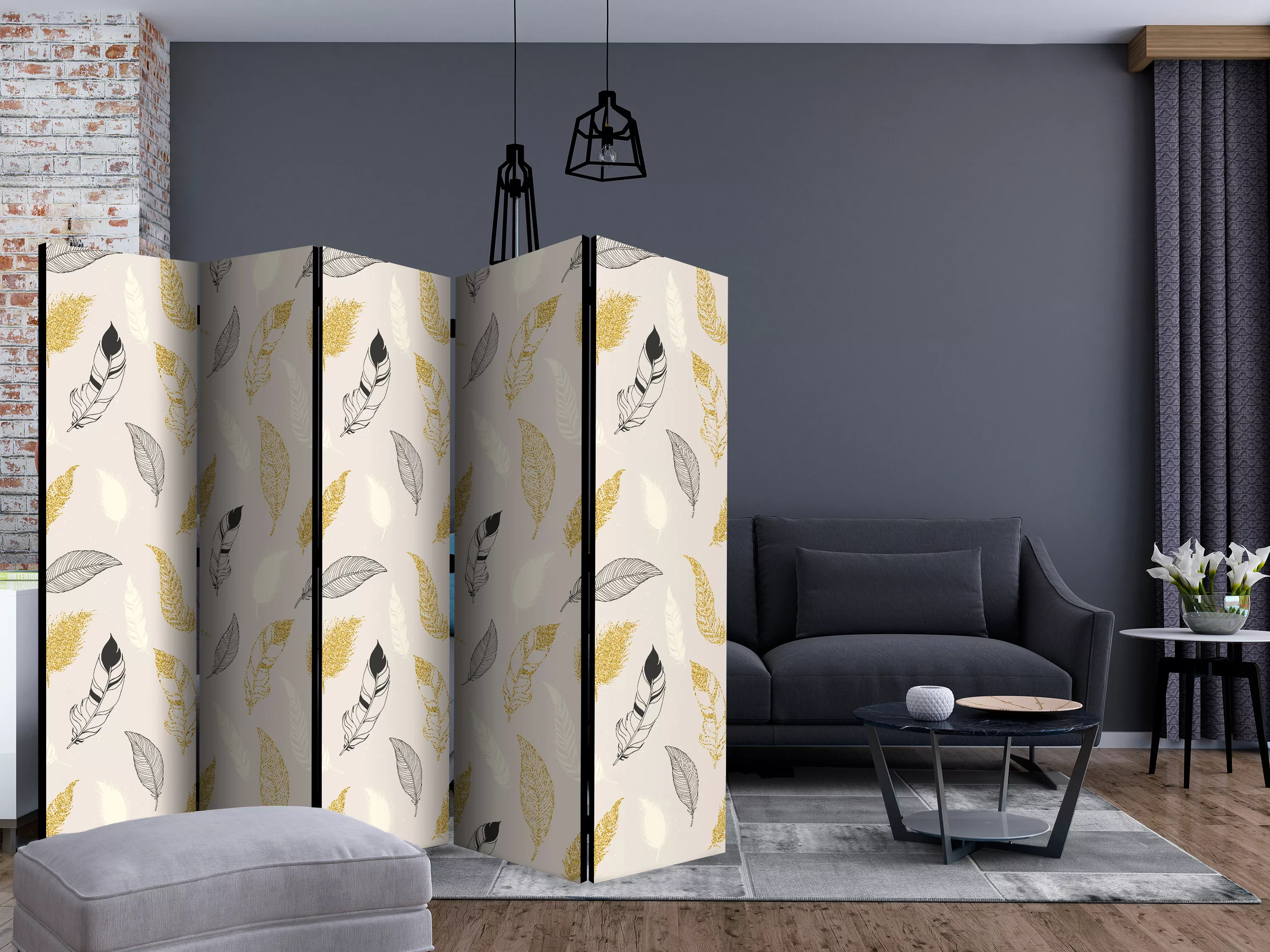 5-teiliges Paravent - Golden Feathers Ii [room Dividers] günstig online kaufen