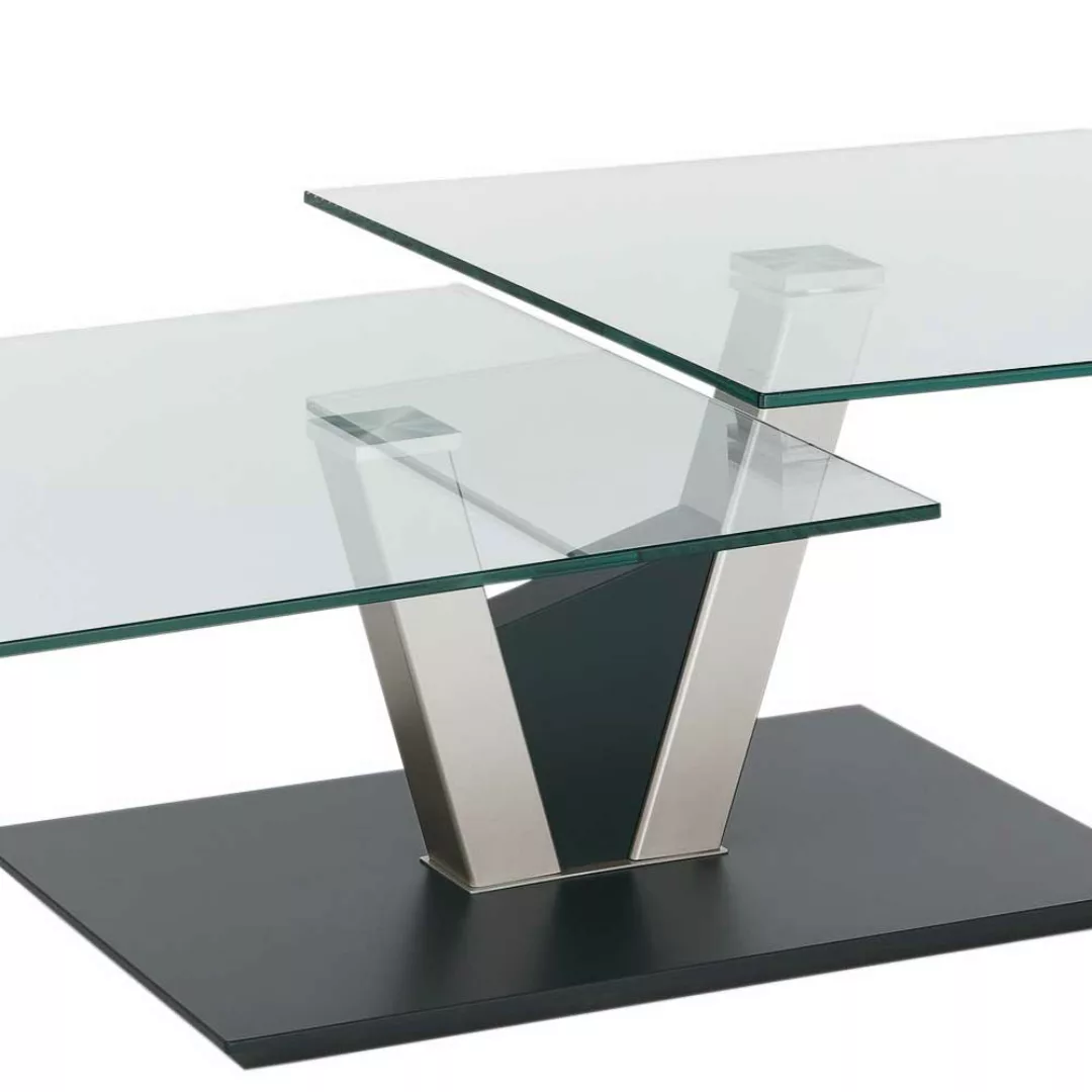 Design Couchtisch mit zwei schwenkbaren Glasplatten Säulengestell aus Metal günstig online kaufen