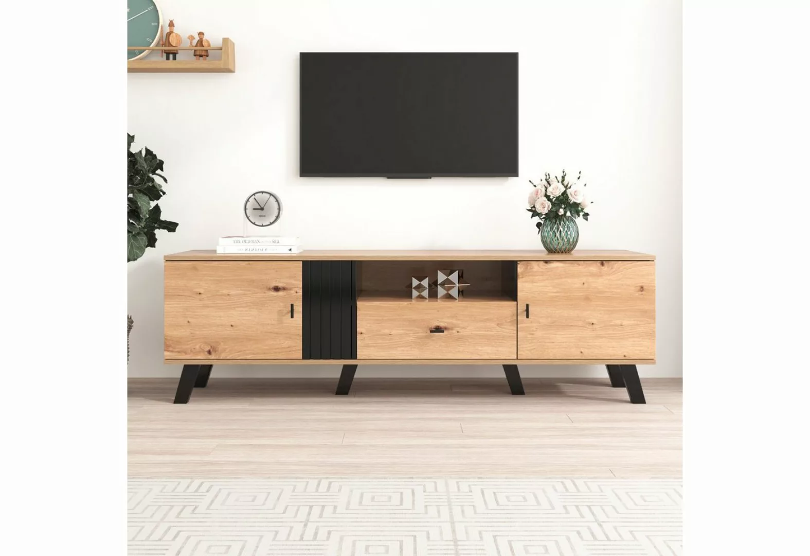 Celya TV-Schrank Lowboard mit Schubladen mit Holz und Schwarzdesign, 170 x günstig online kaufen