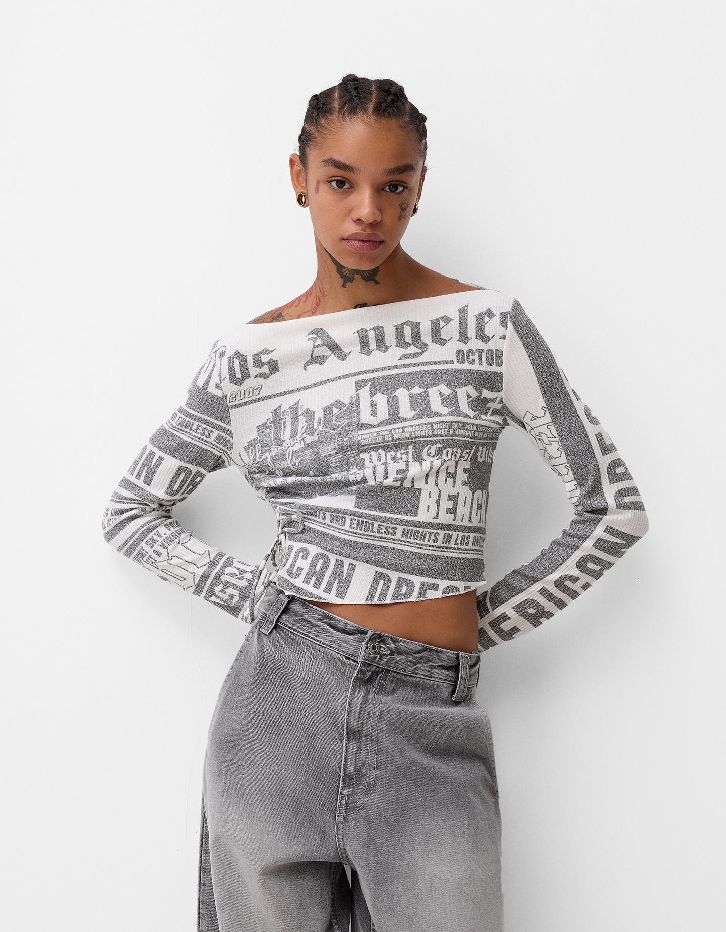 Bershka Pullover Mit Langen Ärmeln Und Print Damen M Grau günstig online kaufen