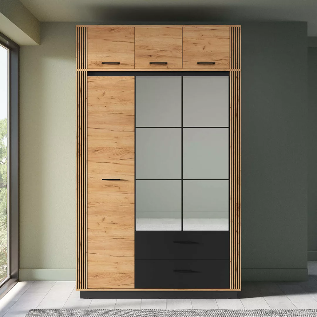 Kleiderschrank mit Aufsatzschrank 150 cm breit modern in Eiche mit schwarz günstig online kaufen