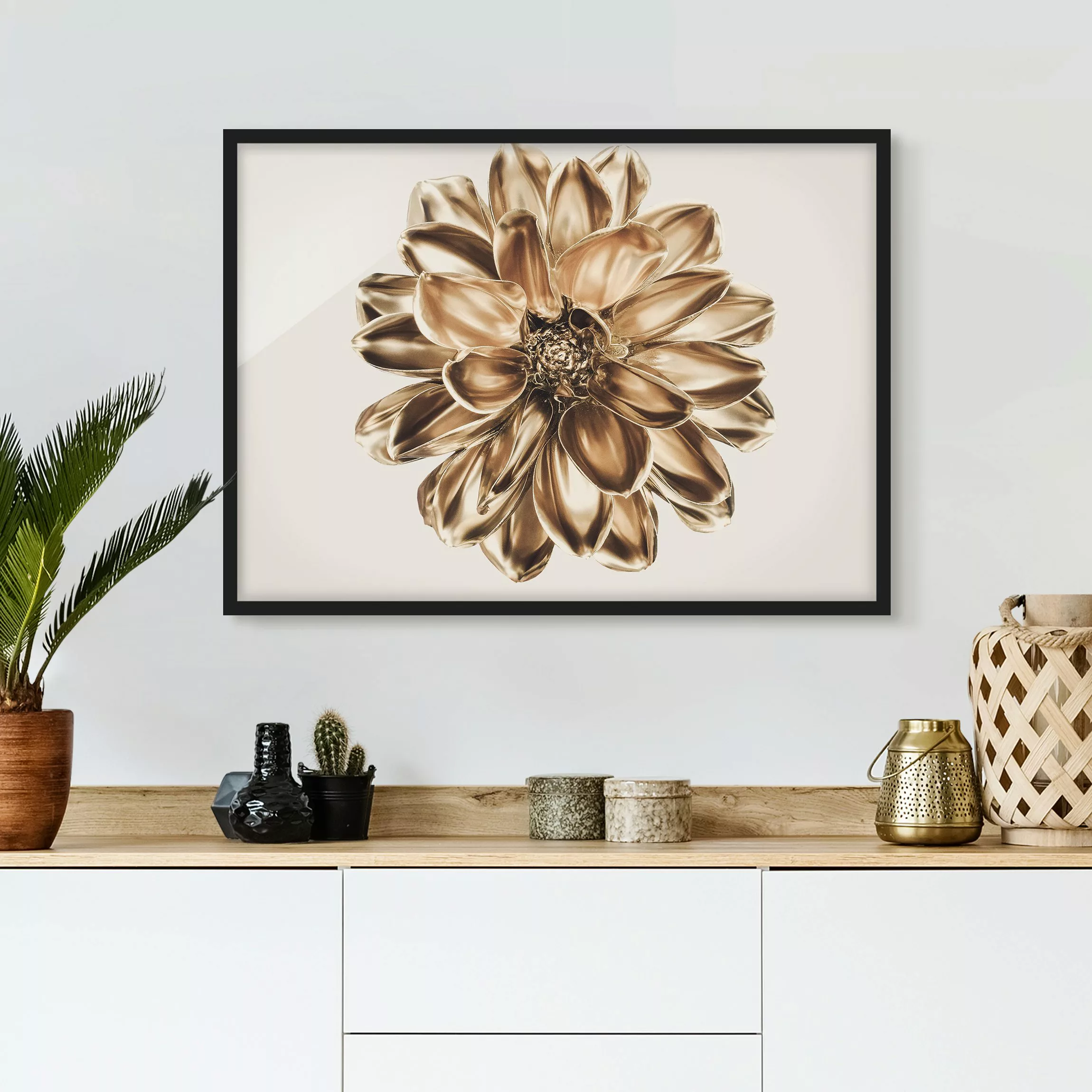 Bild mit Rahmen Dahlie Blume Gold Metallic günstig online kaufen