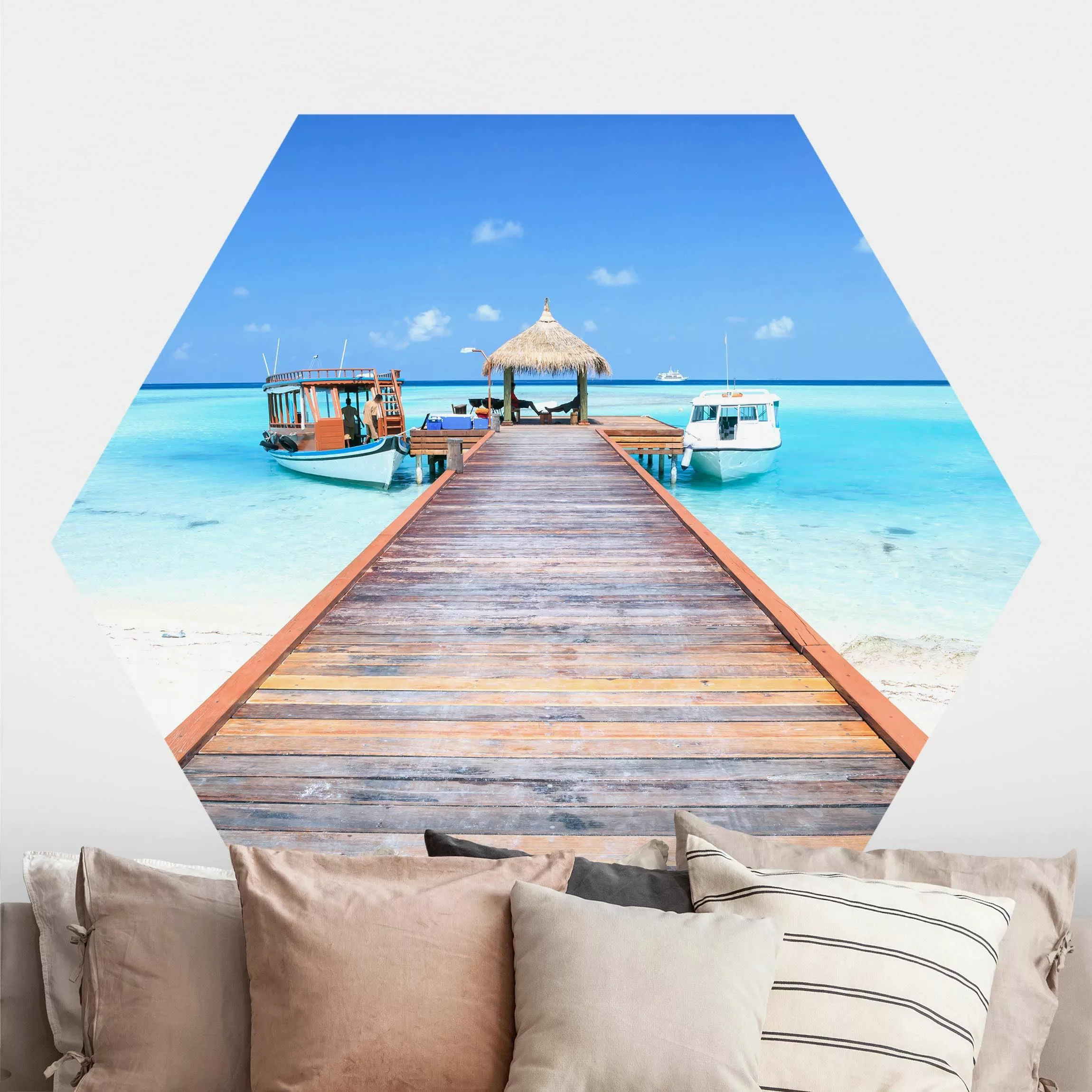 Hexagon Fototapete selbstklebend Steg am Meer günstig online kaufen