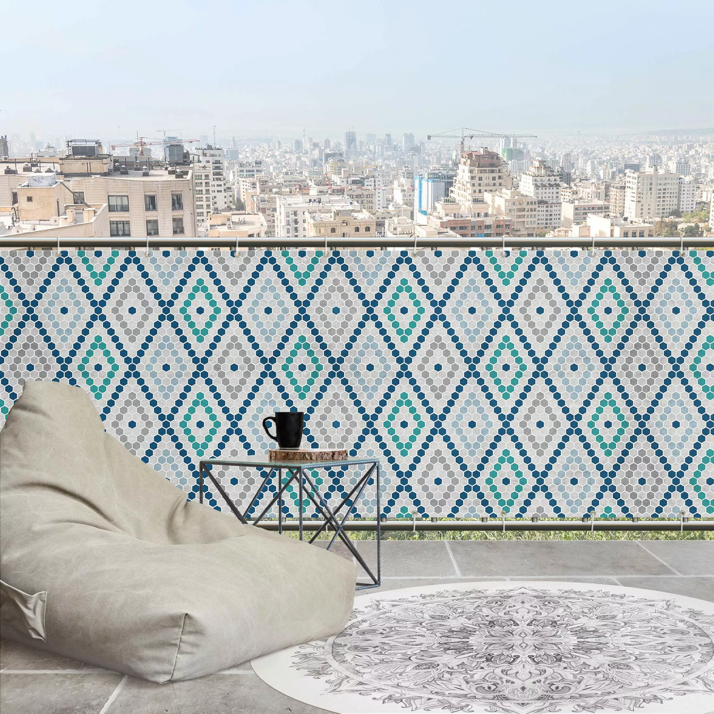 Balkon Sichtschutz Marokkanisches Fliesenmuster Türkis Blau günstig online kaufen