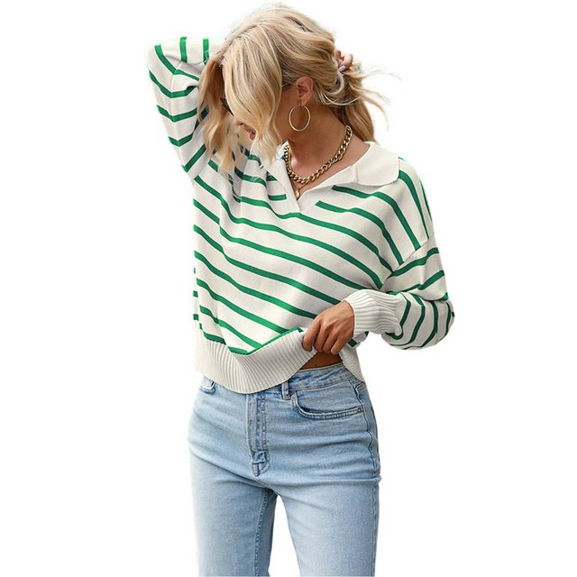 Zoclack Strickpullover Damen Gestreifte Pullover mit V-Ausschnitt, Polo Str günstig online kaufen