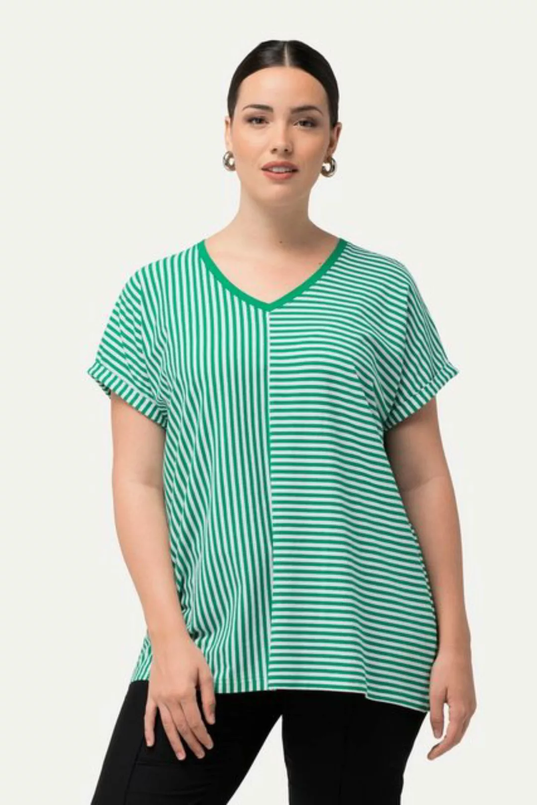 Ulla Popken Rundhalsshirt Shirt Ringelmix Oversized V-Ausschnitt Halbarm günstig online kaufen